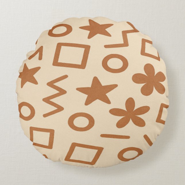 Beige och Brun Abstrakt Design Rund Kudd Kudde (Framsidan)