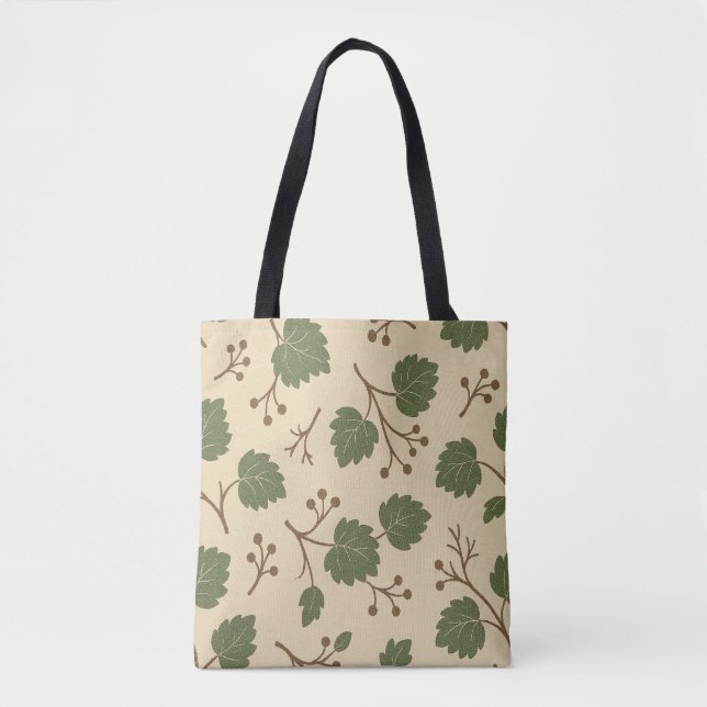 Beige och grön botanisk totebag för skogen tygkasse (Framsida)