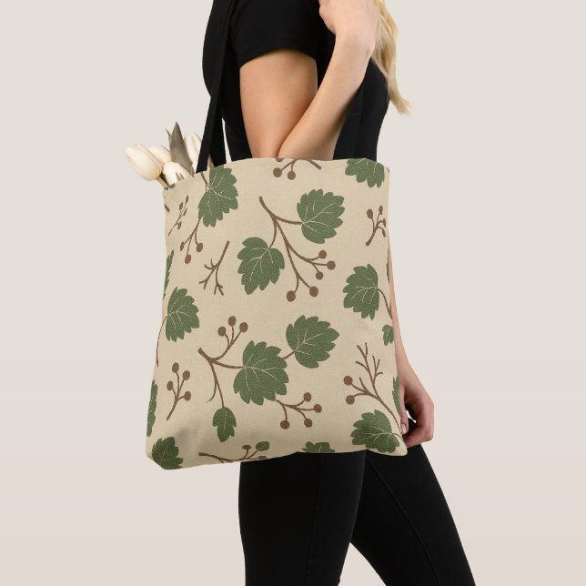 Beige och grön botanisk totebag för skogen  tygkasse (Närbild)