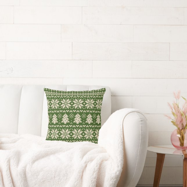 Beige och Grönt Julsötare Mönster Kudde (Soffa)