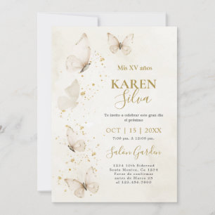 Beige och Guld Butterflies Quinceañera-inbjudan Inbjudningar