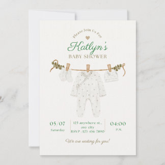Beige och ljusgrön baby shower inbjudan 
