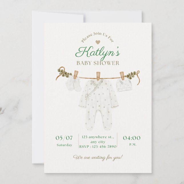 Beige och ljusgrön baby shower-inbjudan  inbjudningar (Framsida)