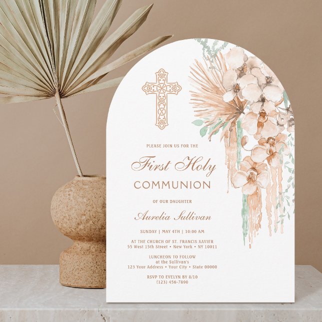 Beige och Mint Bouquet Arch First Communion Inbjudningar (Skapare uppladdad)