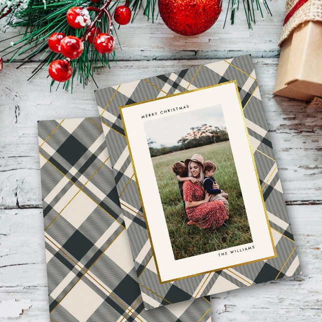 Beige och Mörk grönt Tartan God jul Photo Julkort (Skapare uppladdad)