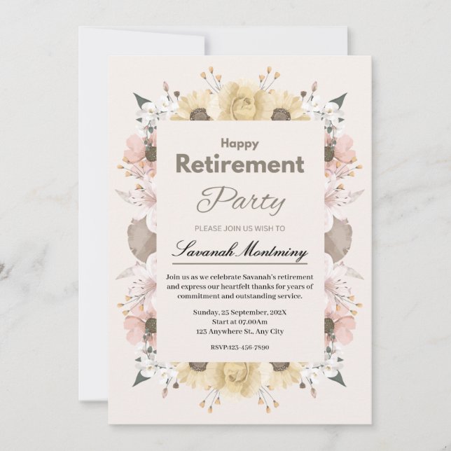 Beige och rosa blomsterfoto pensionsfest inbjudningar (Framsida)