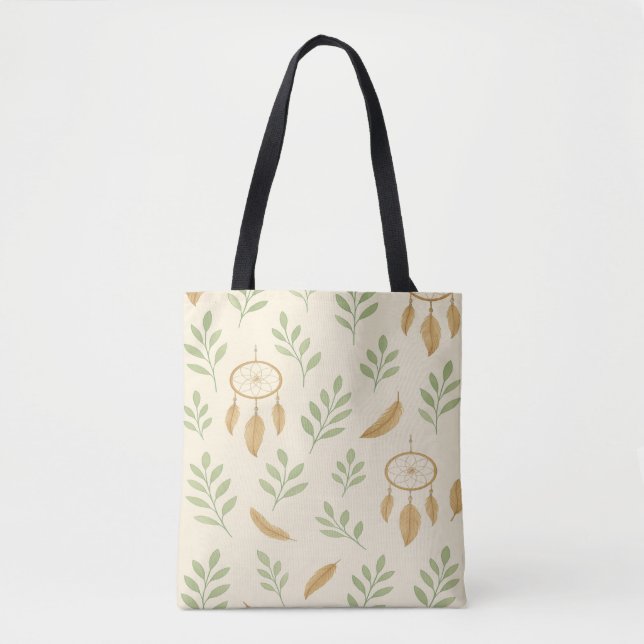 Beige och SAGE gröna blad Boho Tygkasse (Framsida)
