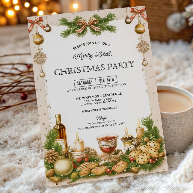 Beige och tallgrön ribba julfest inbjudningar (Skapare uppladdad)