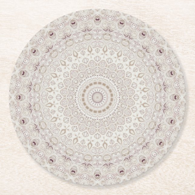 Beige och Taupe Mandala Mönster Design Underlägg Papper Rund (Framsidan)