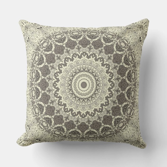 Beige och Taupe Mandala Mönsterdesign Kudde (Framsida)