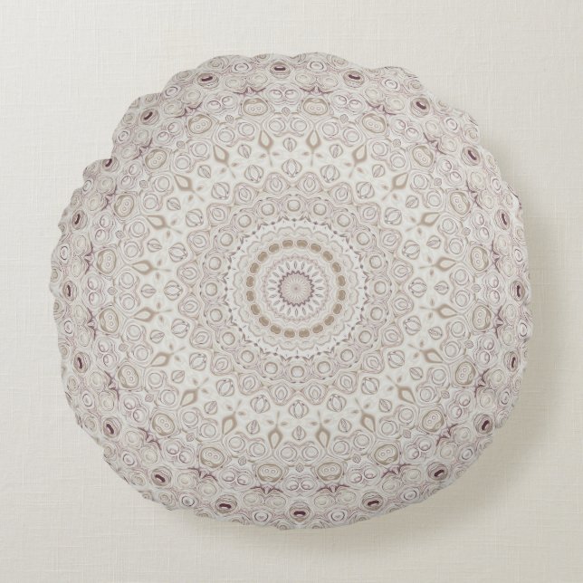 Beige och Taupe Mandala Mönsterdesign Rund Kudde (Framsidan)