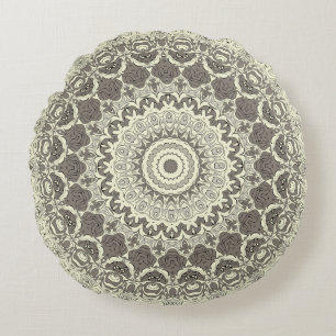 Beige och Taupe Mandala Mönsterdesign Rund Kudde