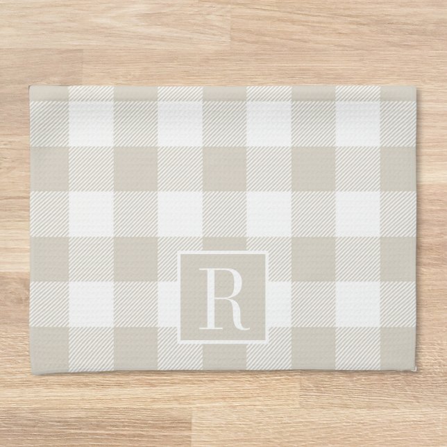 Beige och vit buffelrutig anpassad initial present kökshandduk (Skapare uppladdad)