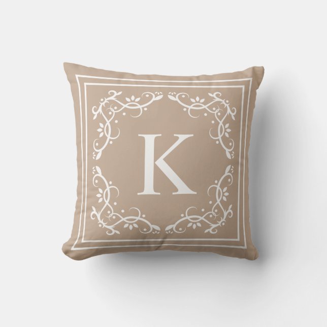 Beige och vit dekorativ ram med anpassad monogram kudde (Framsida)