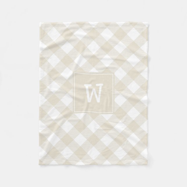 Beige och vit diagonal rutig gårdsmonogram fleecefilt (Framsidan)