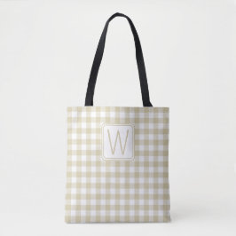 Beige och vit gingham karomönster monogram tygkasse