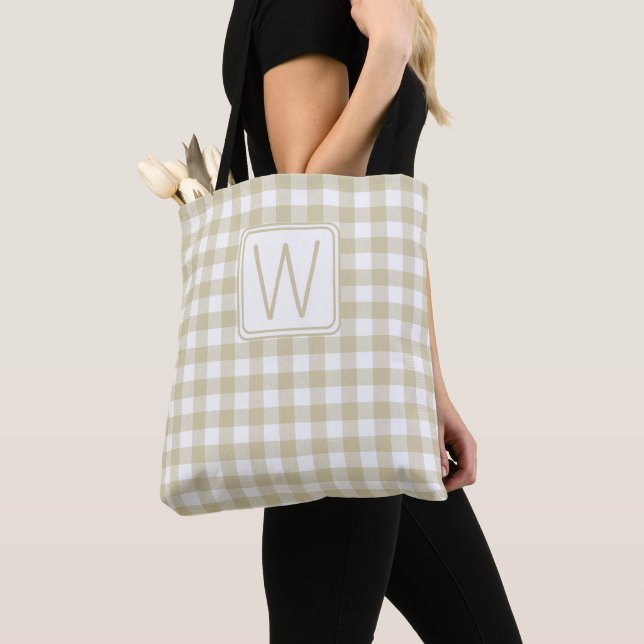 Beige och vit gingham karomönster monogram tygkasse (Närbild)