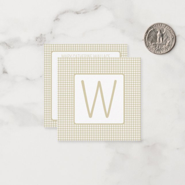 Beige och vit gingham kartrutin Monogram Anteckningskort (Fram/Back In Situ)