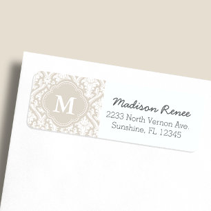 Beige och vit trendig damask egen monogram returadress etikett