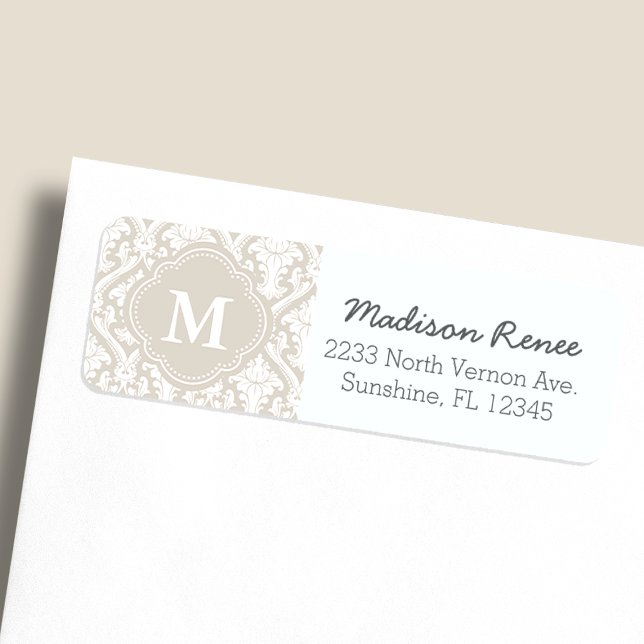 Beige och vit trendig damask egen monogram returadress etikett (Skapare uppladdad)