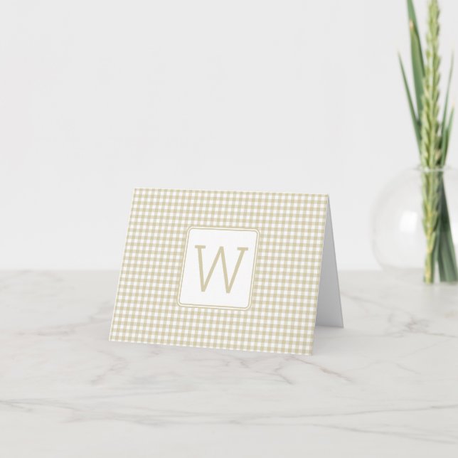 Beige och White Gingham Play Monogram Anteckningskort (Framsida)
