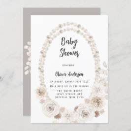 Beige och White Pearls and Blommigts Baby Shower I Inbjudningar