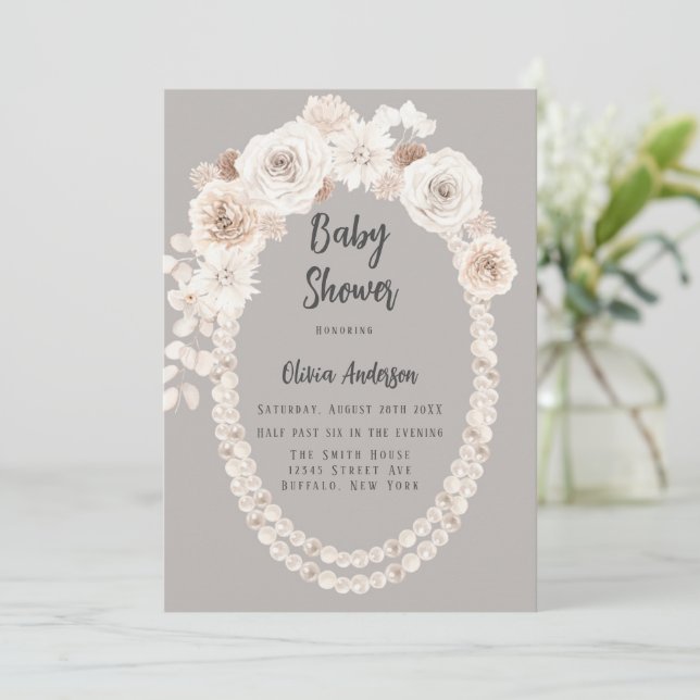 Beige och White Pearls and Blommigts Baby Shower Inbjudningar (Stående Fram)