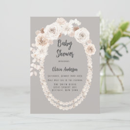 Beige och White Pearls and Blommigts Baby Shower Inbjudningar
