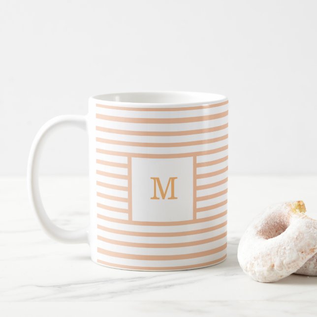 Beige och White Rand Anpassningsbar Monogram Kaffemugg (Med munk)