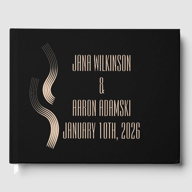 Beige-on-Black Streamline Moderne Bröllop Gästböcker (Framsida)