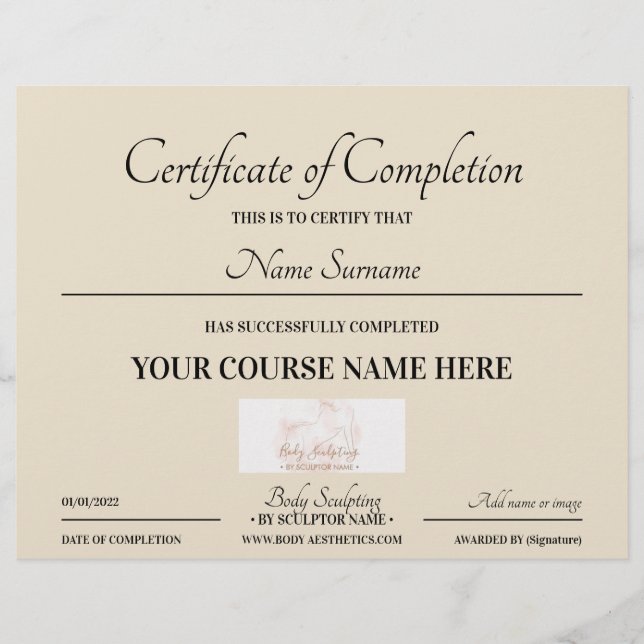 Beige online kurs avslutningscertifikat (Framsida)