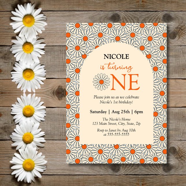Beige Orange Daisy Blommigt Arch 1:a födelsedag Inbjudningar (Skapare uppladdad)