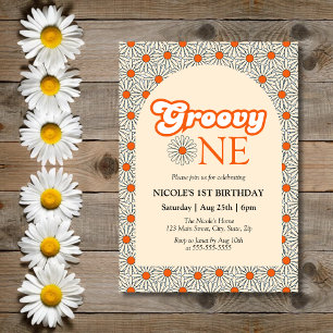 Beige Orange Daisy Groovy Arch 1:a födelsedag Inbjudningar