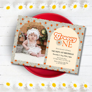 Beige Orange Daisy Groovy Photo 1st Birthday Inbjudningar