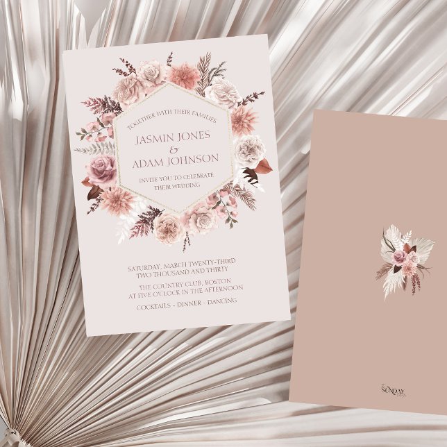  Beige Pampas Blommigt Boho Bröllop Inbjudningar (Boho Blush Pink Dried Flowers Wreath Wedding Invitation)