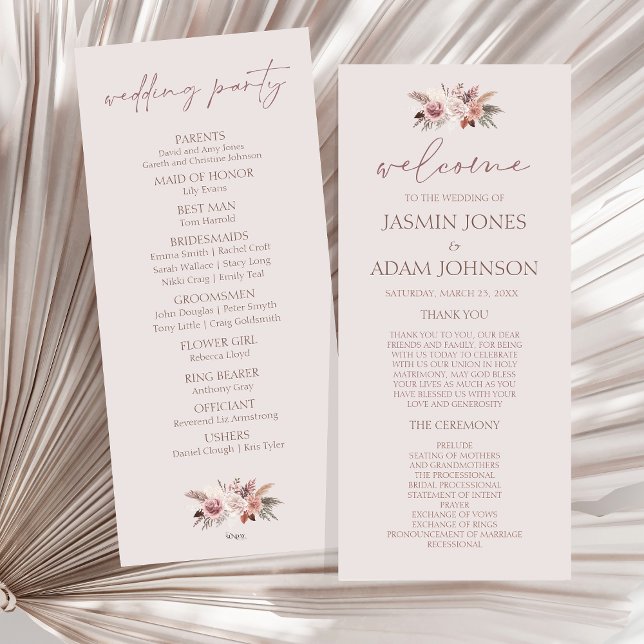 Beige Pampas Blommigt Boho-Bröllopsprogrammet (Boho Dusty Pink Dried Flowers Wedding Program)
