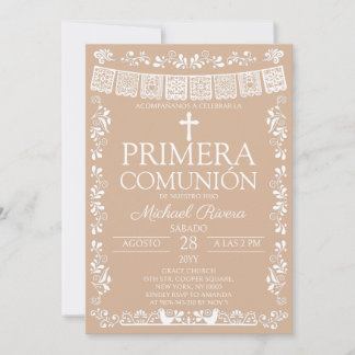 Beige Papel Picado Första Kommunionen Inbjudningar