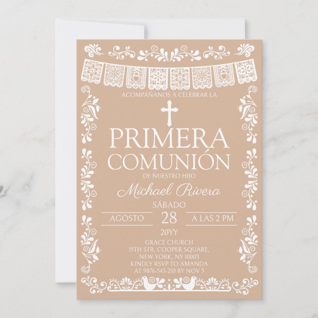 Beige Papel Picado Första Kommunionen Inbjudningar (Framsida)