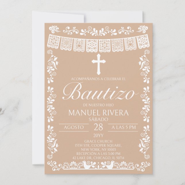 Beige Papel Picado spansk dop inbjudan (Framsida)