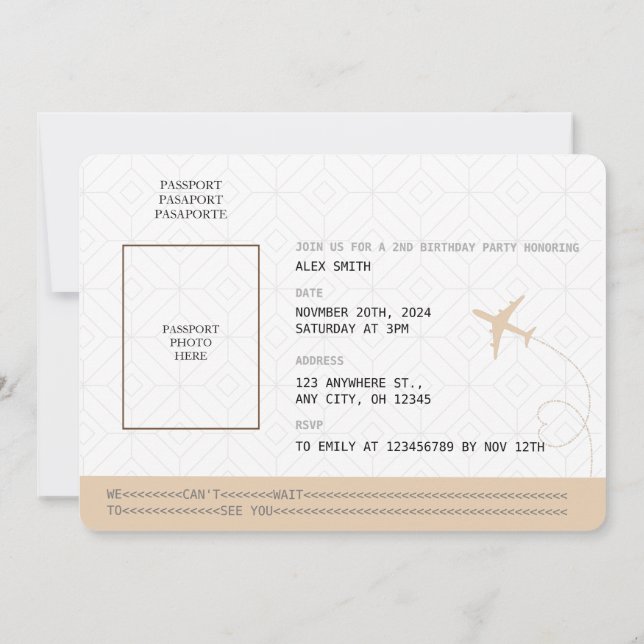 Beige Passport Aviation Födelsedagsfest Inbjudningar (Baksida)