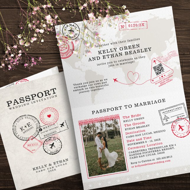 Beige Passport Destination Wedding Inbjudan (Skapare uppladdad)