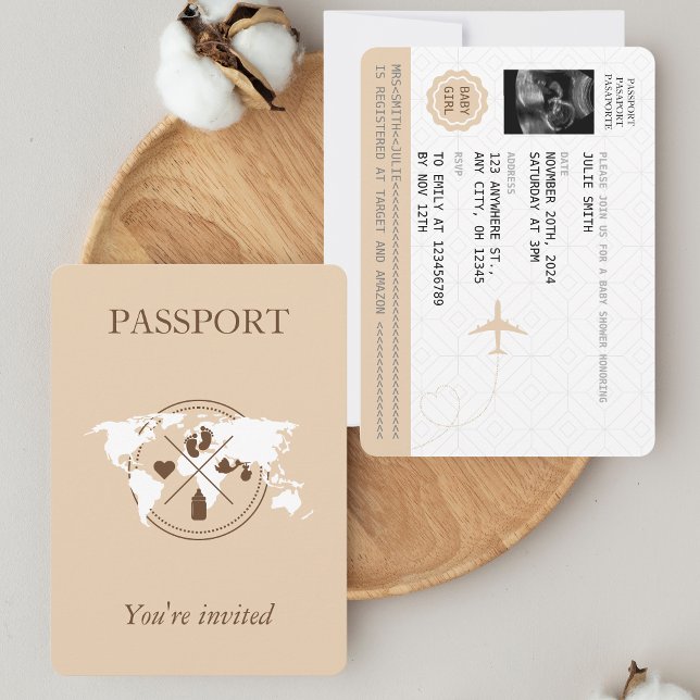 Beige Passport Travel Girl Baby Shower World Map Inbjudningar (Skapare uppladdad)