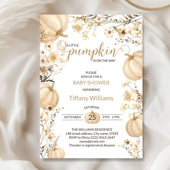 Beige Pastel Watercolor Pumpkin fall vild blommor Inbjudningar (Rustic Pumpkin Baby Shower Invitation | Neutral Fall Floral Autumn Theme)