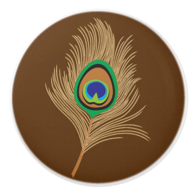 Beige Peacock Feather on Chocolate Brown Knopp (Framsidan)