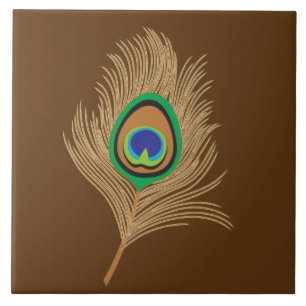 Beige Peacock Feather på Chocolate Brown Kakelplatta