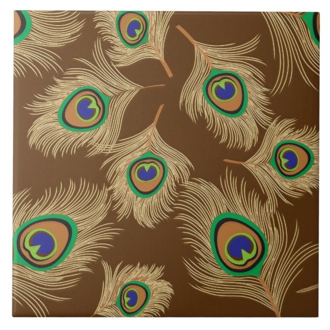 Beige Peacock Feathers on Chocolate Brown Kakelplatta (Framsidan)