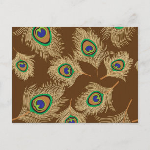 Beige Peacock Feathers on Chocolate Brown Vykort