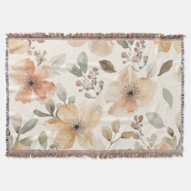 Beige Persika Blommig Akvarell Botaniskt Mönster Filt (Framsidan)
