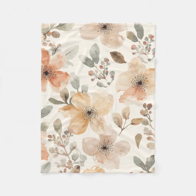 Beige Persika Blommig Akvarell Botaniskt Mönster Fleecefilt (Framsidan)