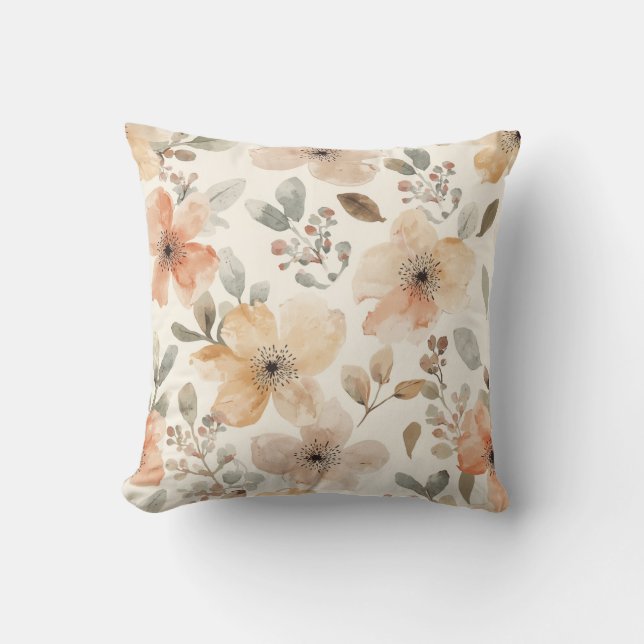 Beige Persika Blommig Akvarell Botaniskt Mönster Kudde (Framsida)